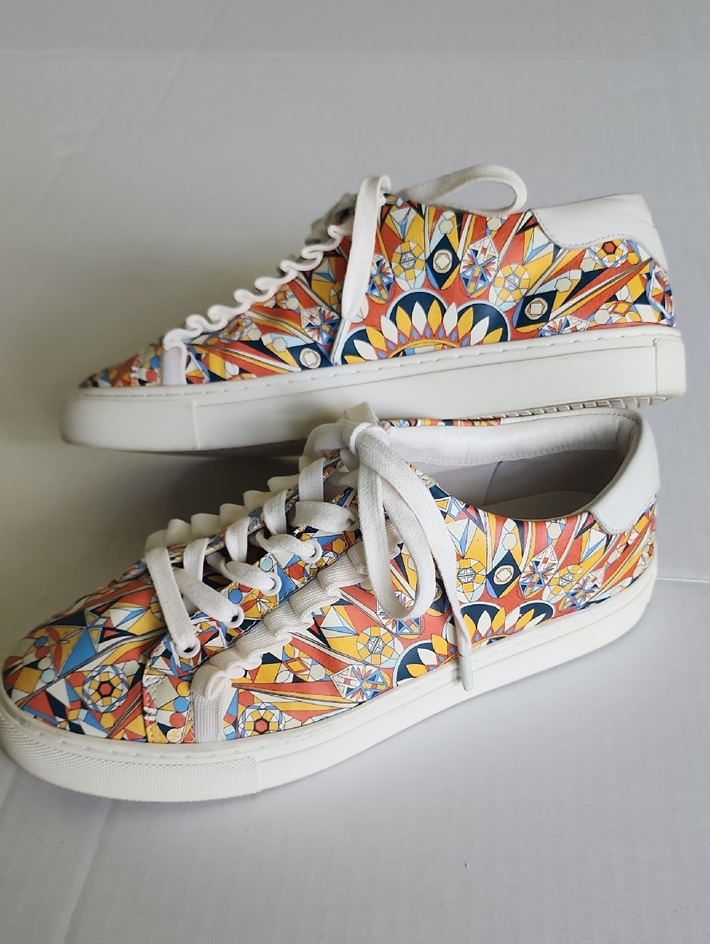 Tory Burch Sport Leather Low-Top Lace Up Sneakers Geometric Ruffle - Picture 2 of 12